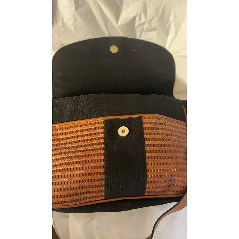 Vintage Tribout Crossbody Bag -Leather and canvas/Jeans Black and Brown